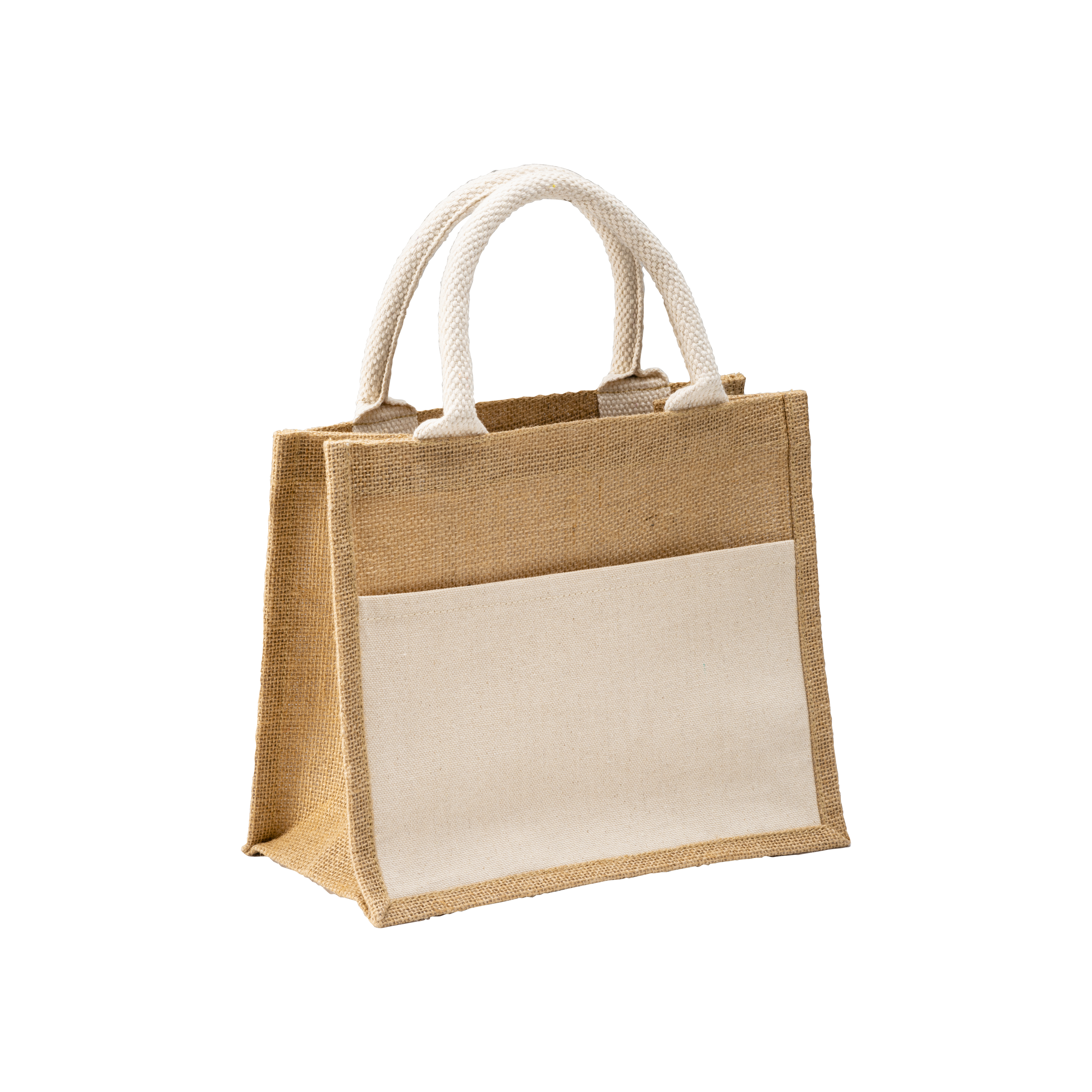 Mini borsa in juta con tasca e manici in cotone - Handle - 24105