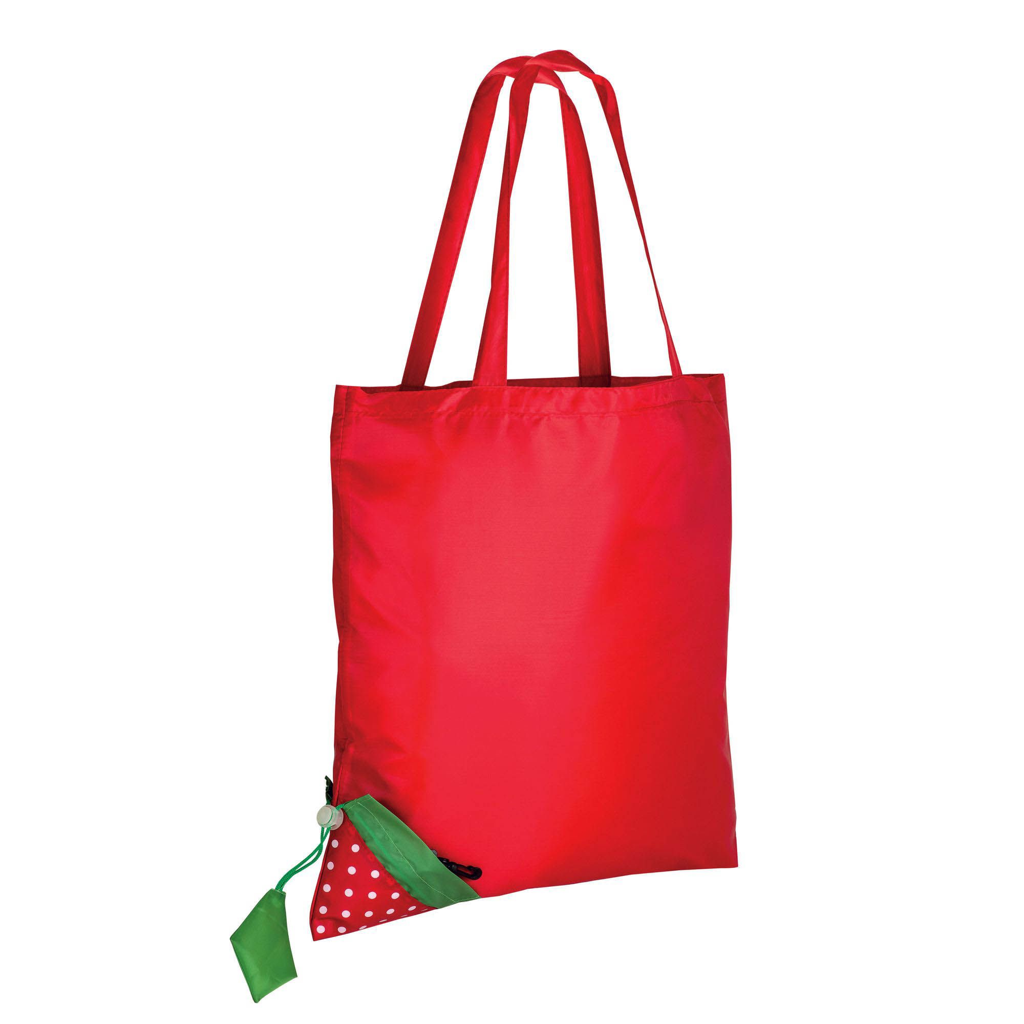 Shopper ripiegabile a forma di fragola in poliestere 190T, con foglia personalizzabile - 09169