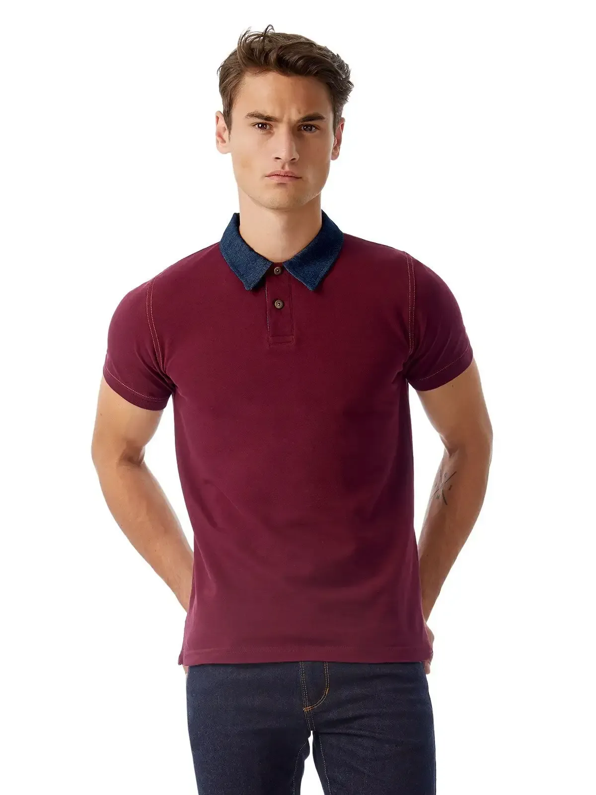 Polo da uomo a maniche corte con colletto in denim - B&C - BCPMD30