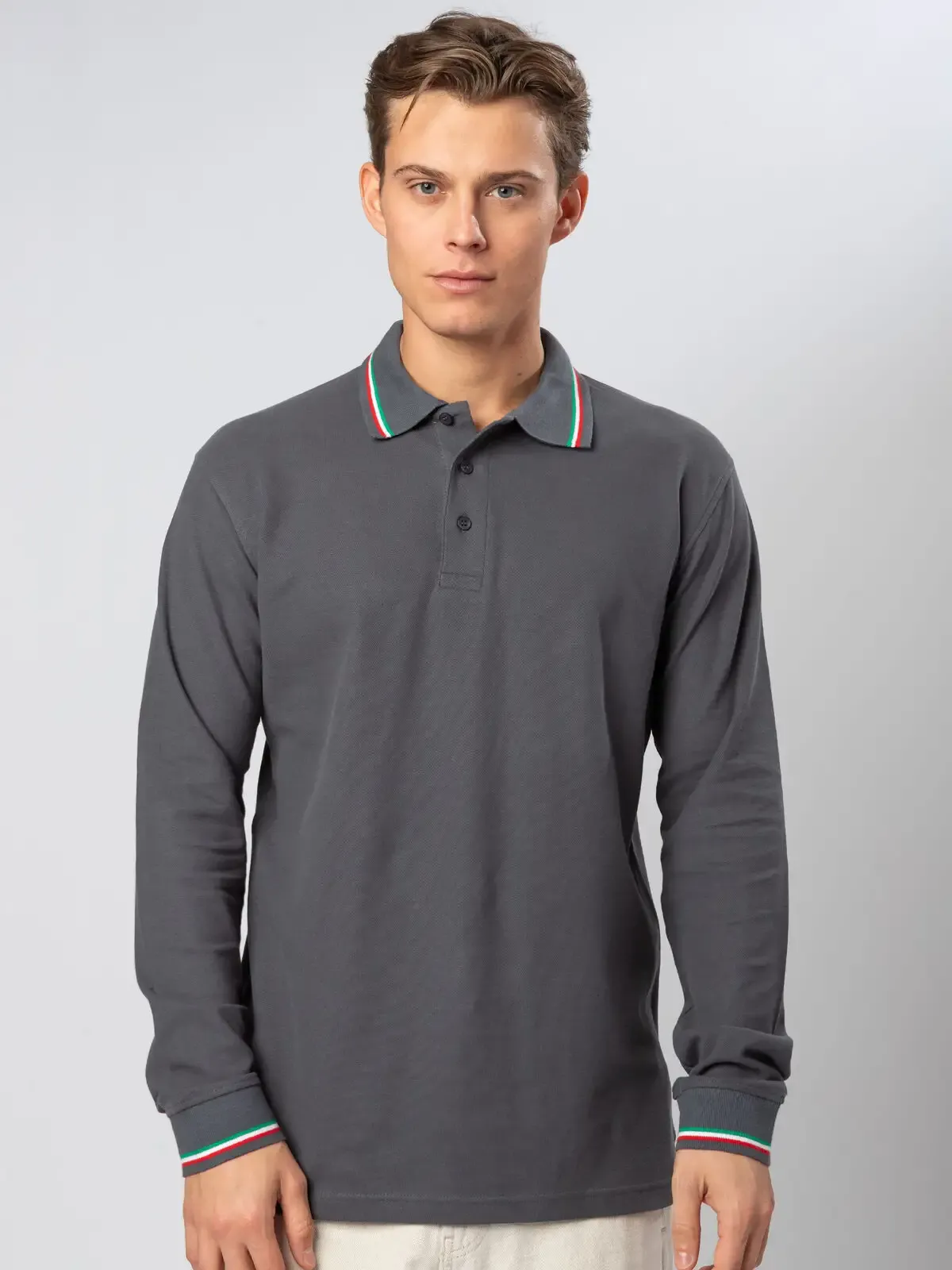 Polo Italia a maniche lunghe con bordature tricolore sul collo - Bs - BS211