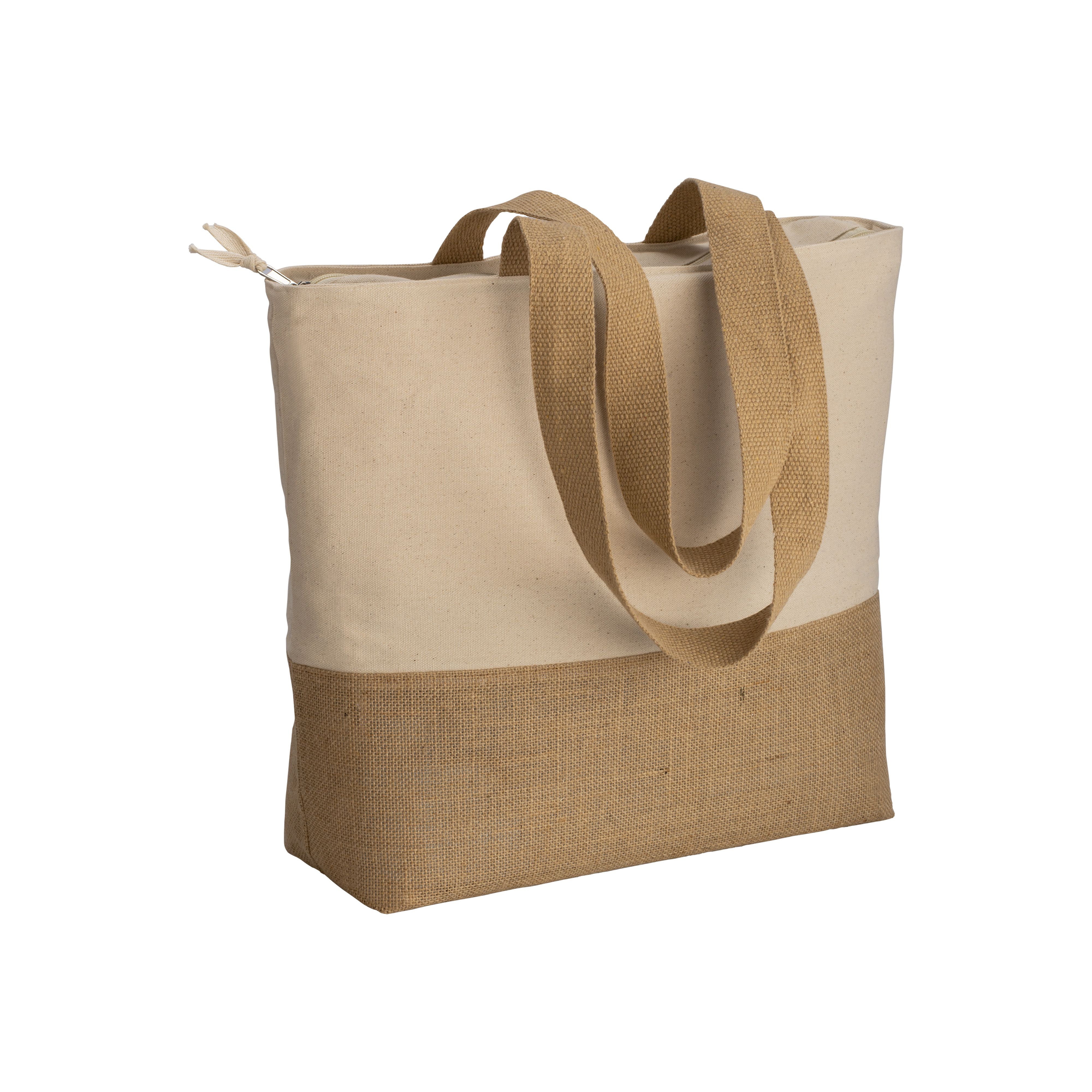 Shopper  in cotone 280 g/m2 con soffietto, con base in juta, manici lunghi - 22126